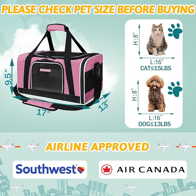 Petskd Pet Carrier 17x13x9.5 Southwest Airline Approved,Pet Travel Carrier Bag for Small Cats and Dogs, Soft Dog Carrier for 1-15 LBS Pets,Dog Cat Carrier with Safety Lock Zipper (Pink)