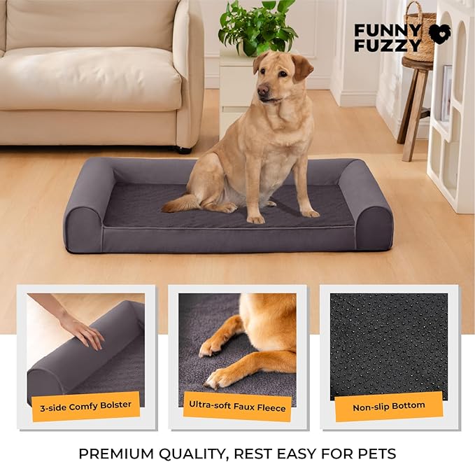 XXL Dog Bed - Luxury Faux Fleece Dog Sofa Bed for Giant Dogs, Bolster Support, Egg-Crate Foam Pet Couch Bed with Removable Washable Cover, Nonskid, Charcoal Grey