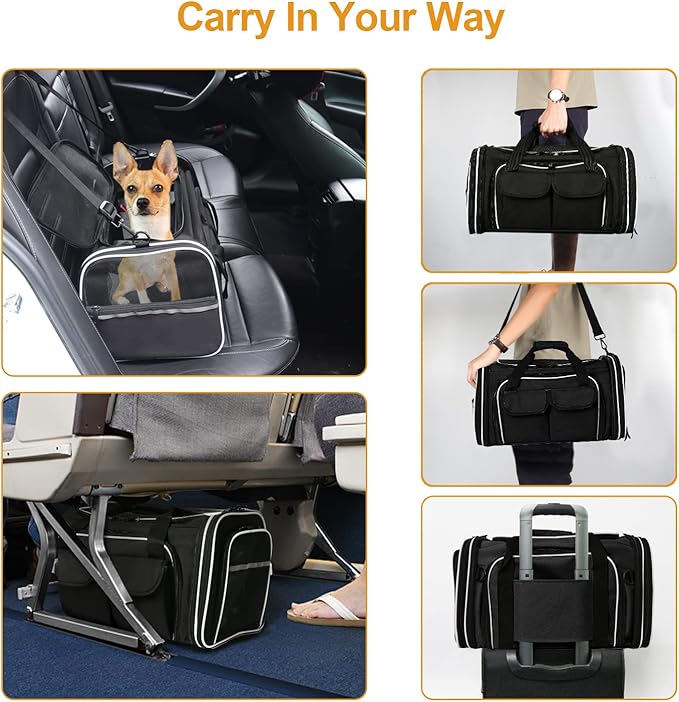 Estarer Soft Sided Pet Carrier Airline Approved, 4 Sides Expandable Collapsible Cat Carrier with Pockets & Removable Fleece Pad, Travel Carrier Bag for Cat Dog & Small Animals (Black)