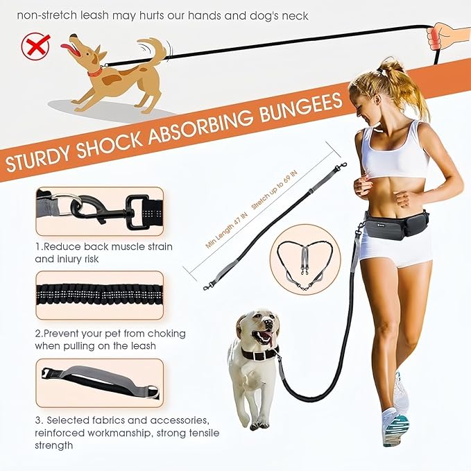 Hands Free Dog Leash with Dog Walking Fanny Pack for Large Medium Small Dogs