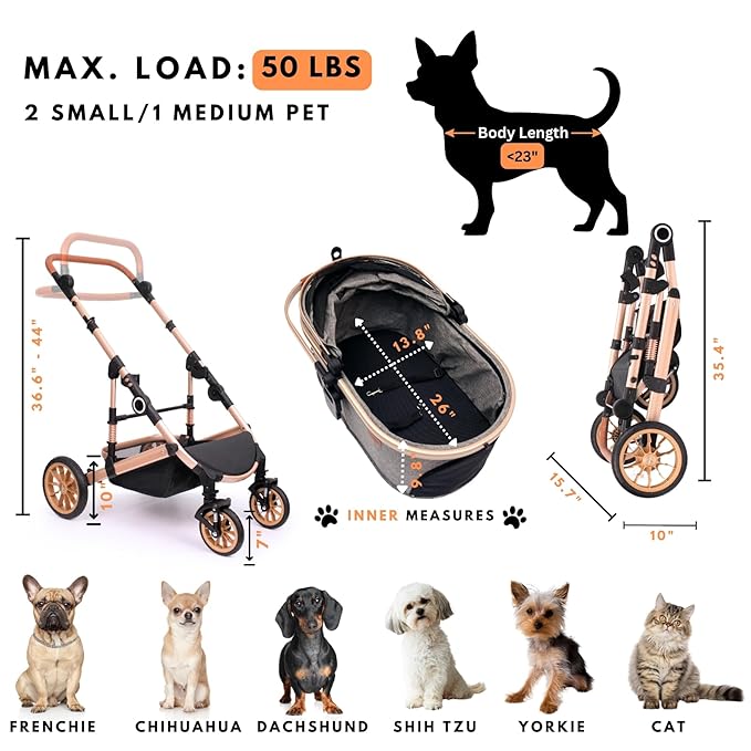 Pet Stroller with 4 Wheels 50lbs, Detachble 3 in 1 Multifunctional