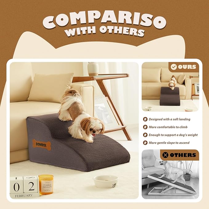 High Density Foam Dog Stairs Ramp for Beds Couches 2-Tiers, Coffee