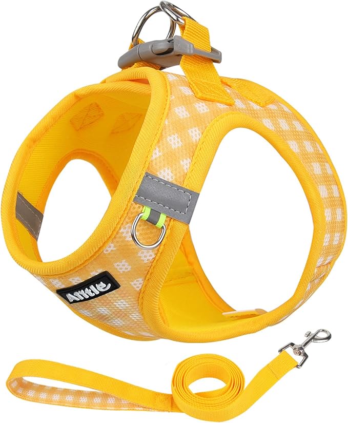 AIITLE No Pull Dog Harness and Leash Set, Step in No Chock Soft Mesh Dog Harnesses Reflective for Extra-Small Puppy Dogs and Cats, Plaid Dog Vest Harness for Pets Yellow XXS