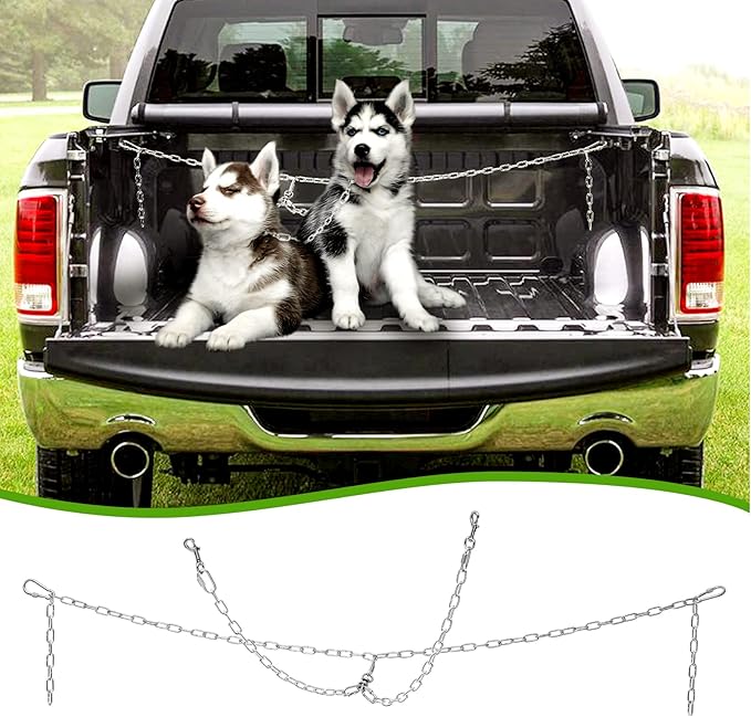 Chain Dog Truck Bed Cross Tether, Chew Proof Truck Bed Dog Leash System for Two Dogs, Heavy Duty Dog Vehicle Bed Restraints Tie Down Tether, Metal Pet Bed Harness Barrier Lead for Pickup, Car, Trucks