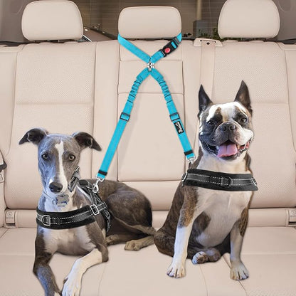 Lukovee Double Dog Seat Belt, New Dual Pet Car Headrest Restraint Safety Seatbelt No Tangle Dog Leash Duty Adjust Elastic Bungee Puppy Lead Splitter Connect Harness in Vehicle Travel for 2 Dogs (TBL)