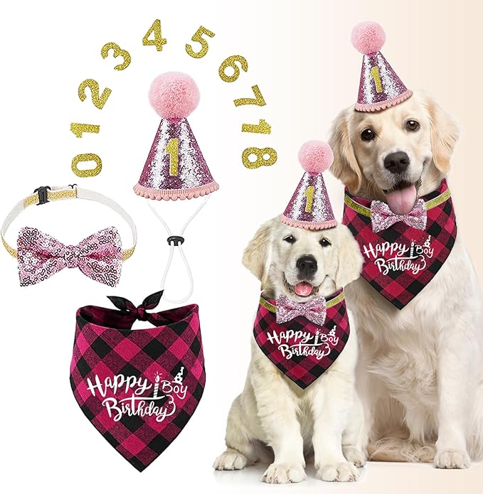 Dog Birthday Bandana Set Dog Girl Birthday Hat Happy Birthday with Numbers for Small Medium Dogs Pets