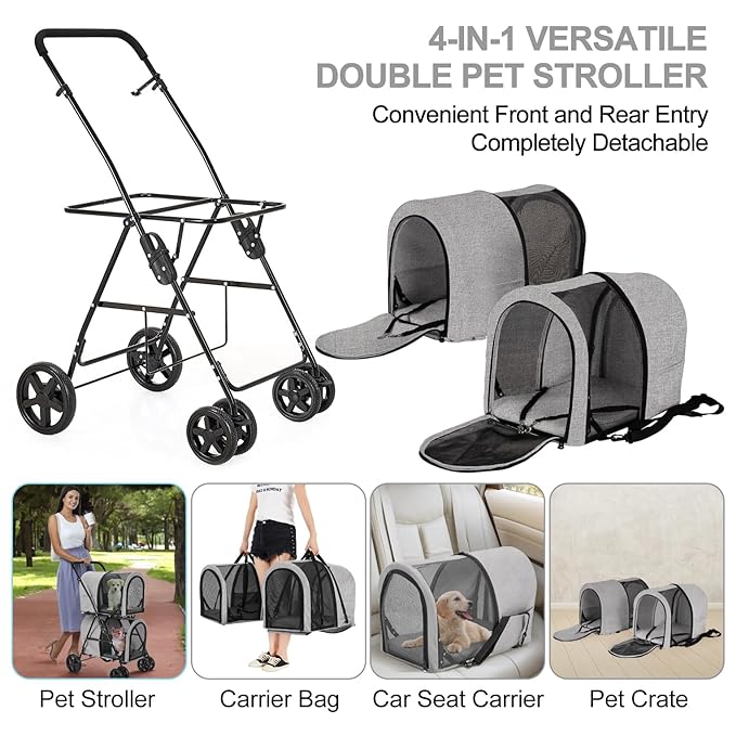 Double Pet Stroller for Dogs and Cats with 2 Detachable Carrier 4 Wheels,