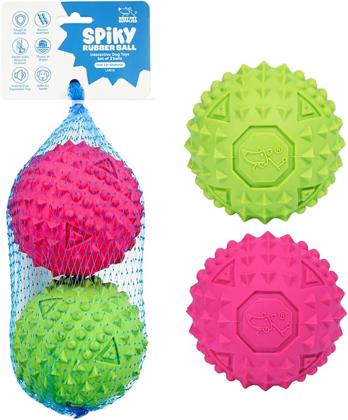 Best Pet Supplies Squeaky Rubber Toy for Dogs Durable Non-Toxic Perfect for Aggressive Chewers Spiked for Dental Health Interactive Dog Toy - Rubber Dog Toy - Pack of 2 - Fuchsia, Green (L = 3.5")