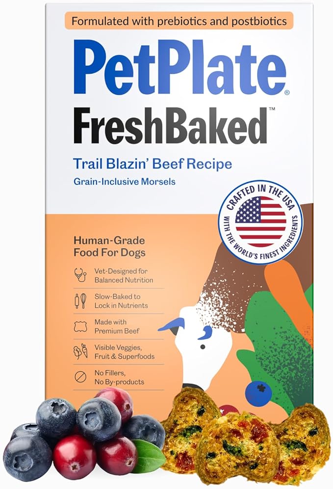 PetPlate FreshBaked Dry Dog Food Grain-Inclusive, Gently Baked and Air-Dried Human Grade Dog Food, Vet Designed and Formulated with Prebiotics and Postbiotics, No Fillers or by-Products, 2lbs (Beef)