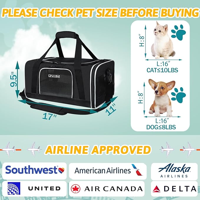 Petskd Pet Carrier 17x11x9.5 Alaska Airline Approved,Pet Travel Carrier Bag for Small Cats and Dogs, Soft Dog Carrier for 1-10 LBS Pets,Dog Cat Carrier with Safety Lock Zipper(Black)