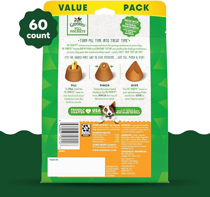 Greenies Pill Pockets for Dogs Capsule Size Natural Soft Dog Treats Chicken Flavor, 15.8 oz. Pack (60 Treats)