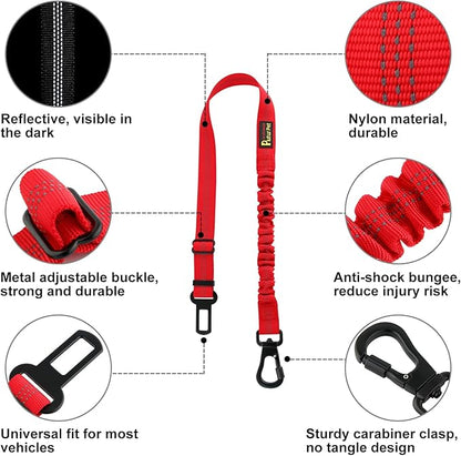 Plutus Pet Dog Seat Belt for Car, Adjustable Dog Car Harness with Carabiner Clip, Reflective Safety Dog Seatbelt Leash with Elastic Bungee, Red