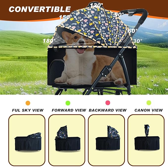 Pet Stroller 3 in 1 Folding Lightweight Dog Stroller with Detachable Carrier & Storage Basket 4 Wheels