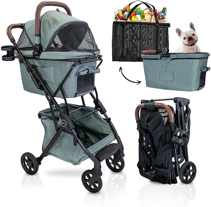 Luxury Pet Stroller & Personal Folding Shopping Cart on Premium Wheels – Lightweight Aluminum Frame – Removable Bassinet