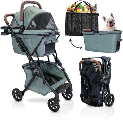Luxury Pet Stroller & Personal Folding Shopping Cart on Premium Wheels – Lightweight Aluminum Frame – Removable Bassinet