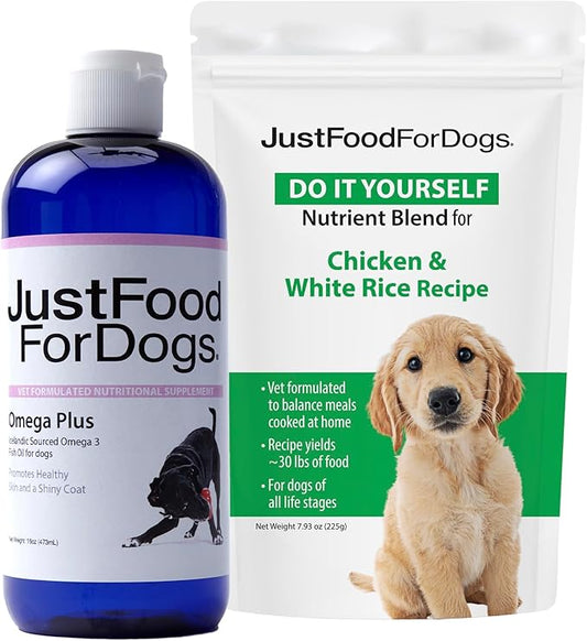 JustFoodForDogsDIY Human Quality Dog Food, Nutrient Blend Base Mix for Dogs - Chicken and White Rice Recipe (225 Grams) & Omega Plus Fish Oil for Dogs - Omega 3 Liquid Supplement for Pets - 16 oz