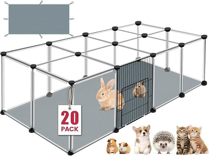 20 Panels Small Animals Playpen, Transparent Pet Playpen with Waterproof Mat, Plastic Enclosure, Pet Fence Yard Fence for Guinea Pigs, Bunny, Ferrets, Hamsters, Hedgehogs for Indoors Outdoor