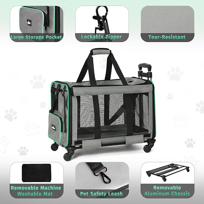 Large Cat Carrier with Wheels, Foldable Rolling Cat Carrier for 2 Cats with Wheels for Cat Dog Under 30 lbs, Cat Carrier Travel Bag with Large Pocket for Outdoor, Gray