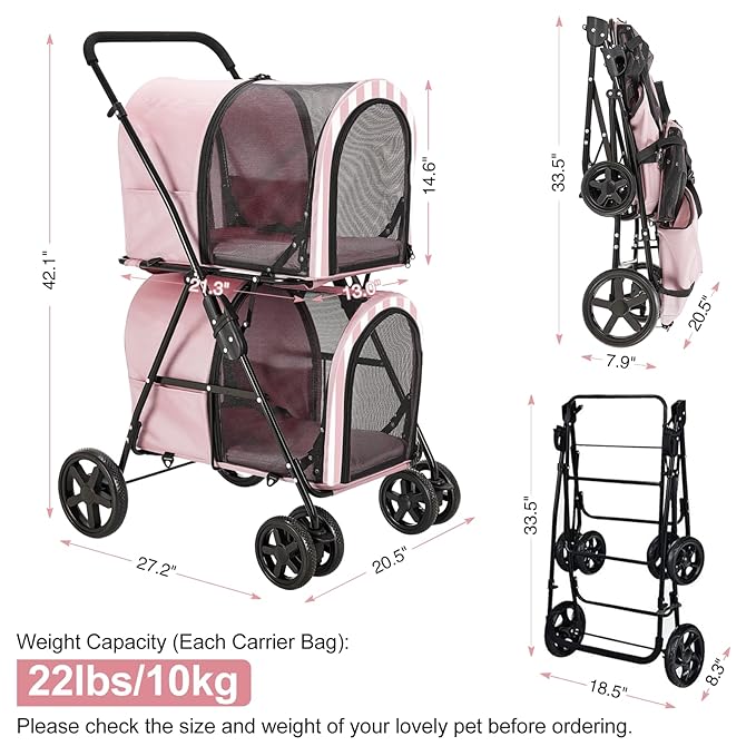 Double Pet Stroller for Dogs and Cats with 2 Detachable Carrier 4 Wheels,