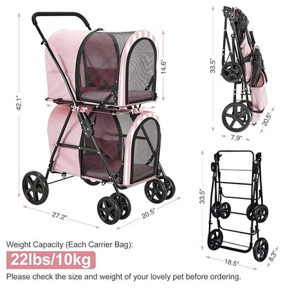 Double Pet Stroller for Dogs and Cats with 2 Detachable Carrier 4 Wheels,