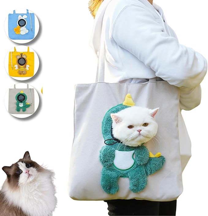 Cat Out Bag, Cute Cozy Cartoon Hands Free Show Head Cat Sling Carrier, Cat Restrainer Shoulder Bag for Outdoor Travel (Dino, Large)