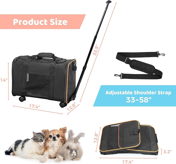 Cat Dog Carrier with Wheels, Airline Approved Pet Carrier for Small Dogs, Soft Sided Pet Travel Carrier with Telescopic Handle and Shoulder Strap (Black)