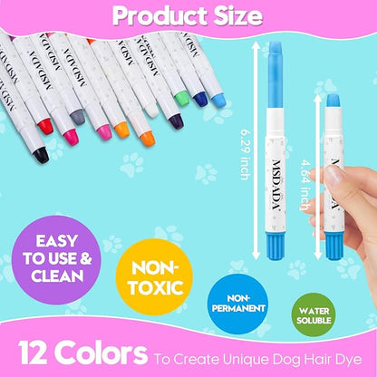 MSDADA 12 Color Washable Dog Hair Dye Paint Temporary Pet Fur Markers Safe Hair Color Crayons for Small to Large Boy & Girl Puppy Stuff Accessories
