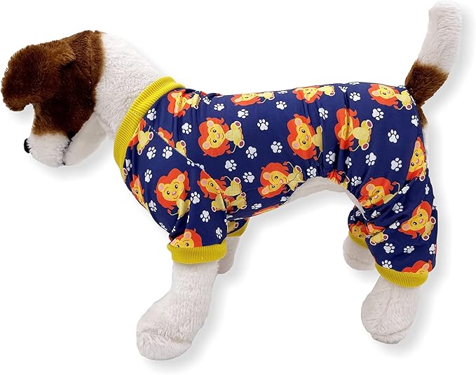 Dog Pajamas Soft COTTON Blend Jumpsuit Cute Pet Clothes for Small Medium Pet (Navy Lions, XXS: Length 8", Chest 10" - 12")