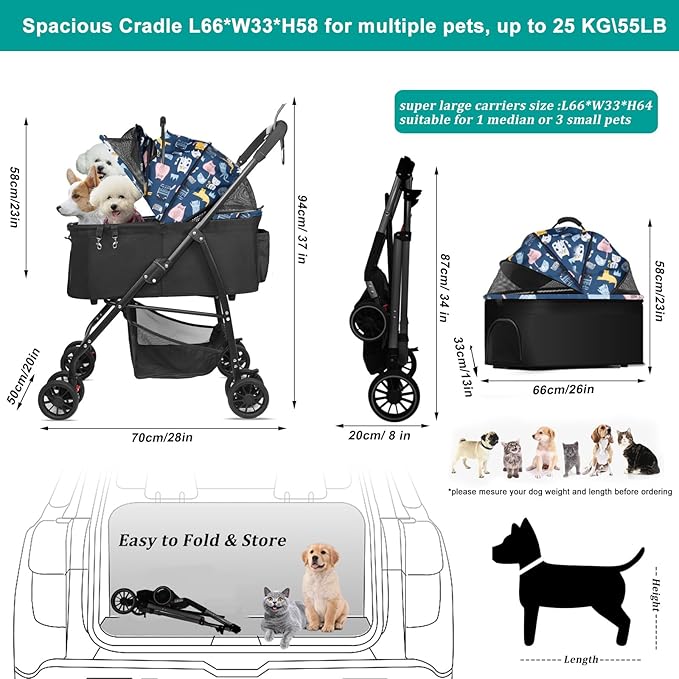 MILA&LOUIS Foldable Dog Stroller 4 Wheels 3 in 1 Folding 30lbs