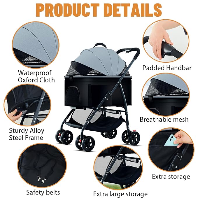 3-in-1 Pet Dog Stroller 55lbs, Dog