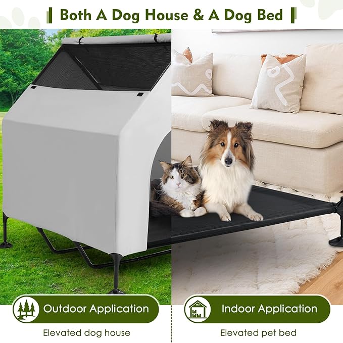 48" House for Large Dogs Outside & Elevated Dog Bed,Waterproof Dog House for Indoor & Outdoor Use, Portable Pet House with Powerful Anti-Slip Feet,Weatherproof Dog Shelter Cot for S/M/L Dogs & Cats