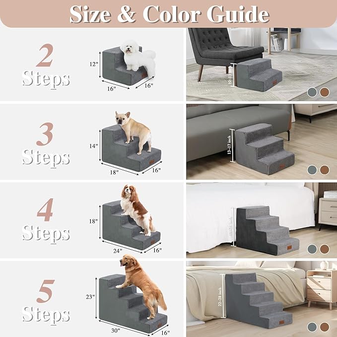 4-Step Grey Dog Stairs for Medium Dogs - Steps for Dogs to get on Bed, Non-Slip Removable Washable Cover, Friendly to Older and Injured Dogs, 18" High