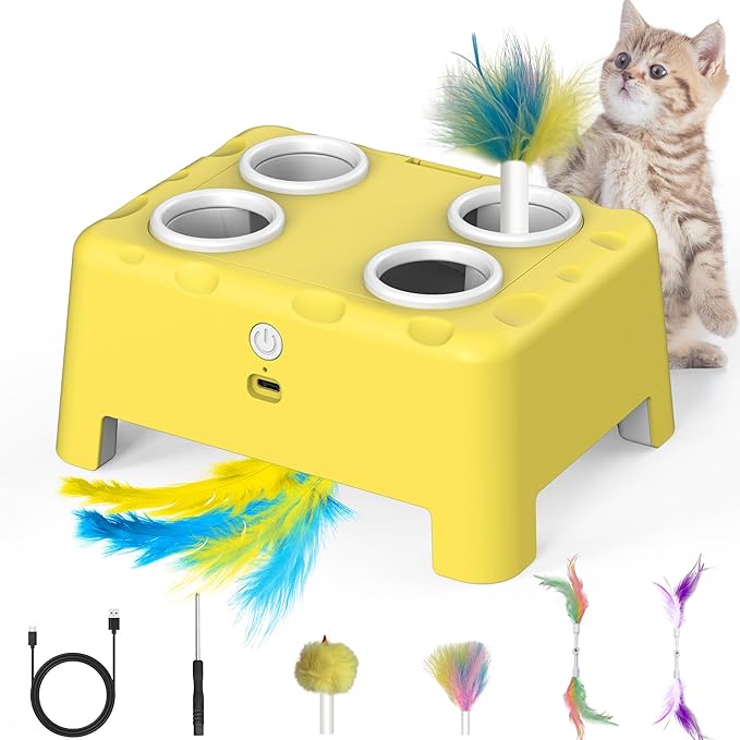 Interactive Cat Toys, 2-in-1 Automatic Cat Toy, 4 Holes Mice Whack A Mole Cat Mouse Toy with Moving Feather, Portable USB Rechargeable Electronic Kitten Toys (Yellow)