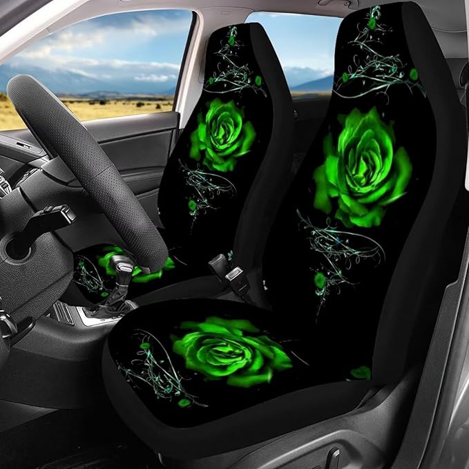 Green Rose Car Seat Cover Set for Women 4pcs Auto
