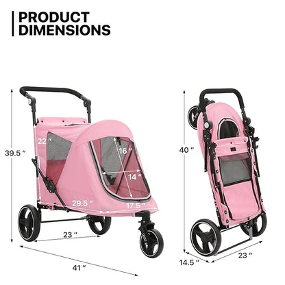 MoNiBloom Pet Stroller for Large Dogs or Multiple Dogs Cats with Adjustable Handle 3-Wheels Dual 55 lbs,