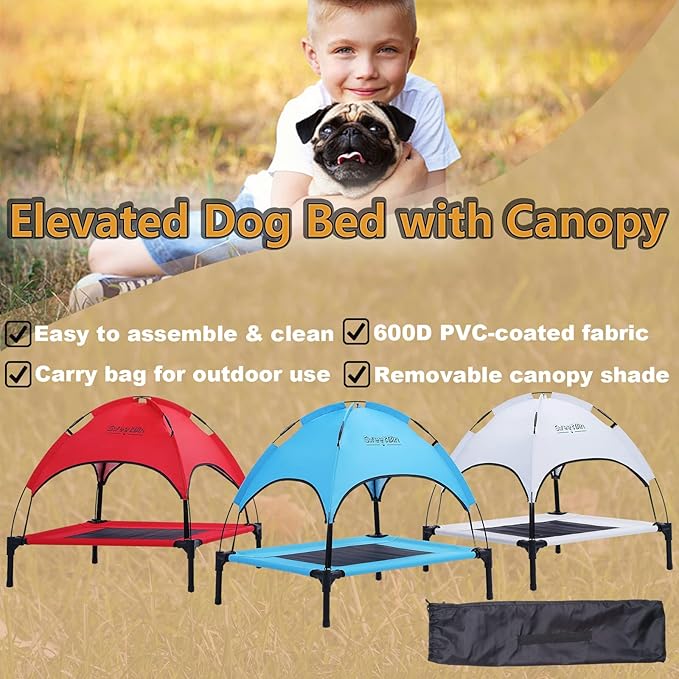 S/M/L Outdoor Elevated Dog Cot with Canopy & Side Shade for Camping Small Medium Dogs (Carry Bag)