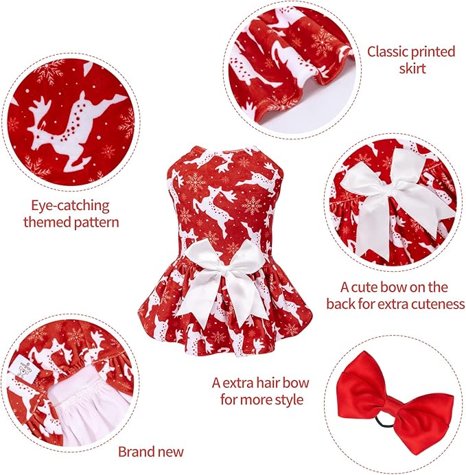 CuteBone Dog Dresses Velvet Holiday Small Dogs Clothes Onesie Pet Apparel Girl Puppy Skirt with Bow Hair Rope CVA29XXS