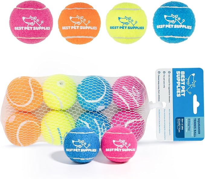 Best Pet Supplies Squeaky Tennis Toys for Dogs, 8-Pack, Heavy-Duty Interactive Pet Toys for Throwing and Fetching, Supports Exercise and Natural Behavior Training, Durable - Small