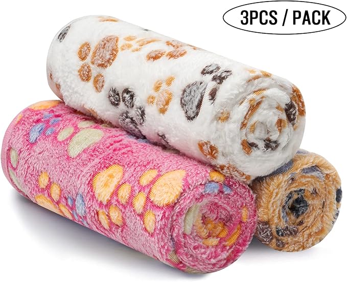 1 Pack 3 Blankets Super Soft Fluffy Premium Fleece Pet Blanket Flannel Throw for Dog Puppy Cat Paw Brown/Pink/White Medium(30x20 inch)