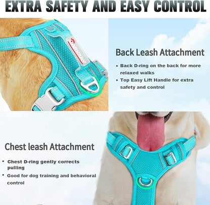 BARKBAY No Pull Dog Harness Large Step in Reflective Dog Harness with Front Clip and Easy Control Handle for Walking Training Running with ID tag Pocket(Ocean Blue
