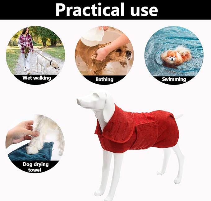 Geyecete Dog Drying Coat -Dry Fast Dog Bag - Dog Bathrobe Towel - Microfibre Fast Drying Super Absorbent Pet Dog Cat Bath Robe Towel-Red-S