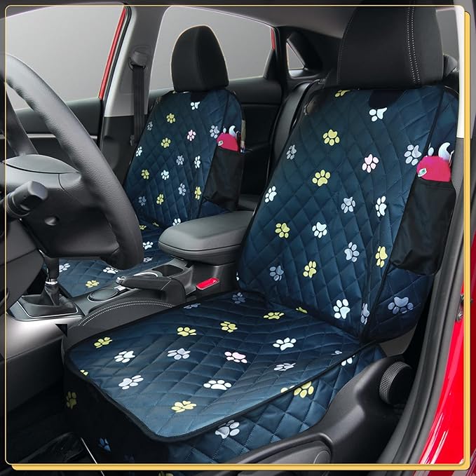 Riakrum Dog Car Seat Cover for Front Durable Colored Paw Prints Waterproof Protector Against Dirt Scratch Proof Non Slip Padded Quilted Front Seat Covers for Dog for Cars