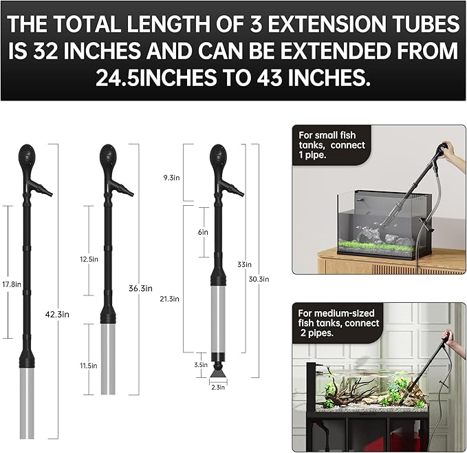 fish tank siphon, fish tank water changer, aquarium water changer, Manual 256GPH, Water Changer Adjustable Length, Suitable for medium and large fish tanks.