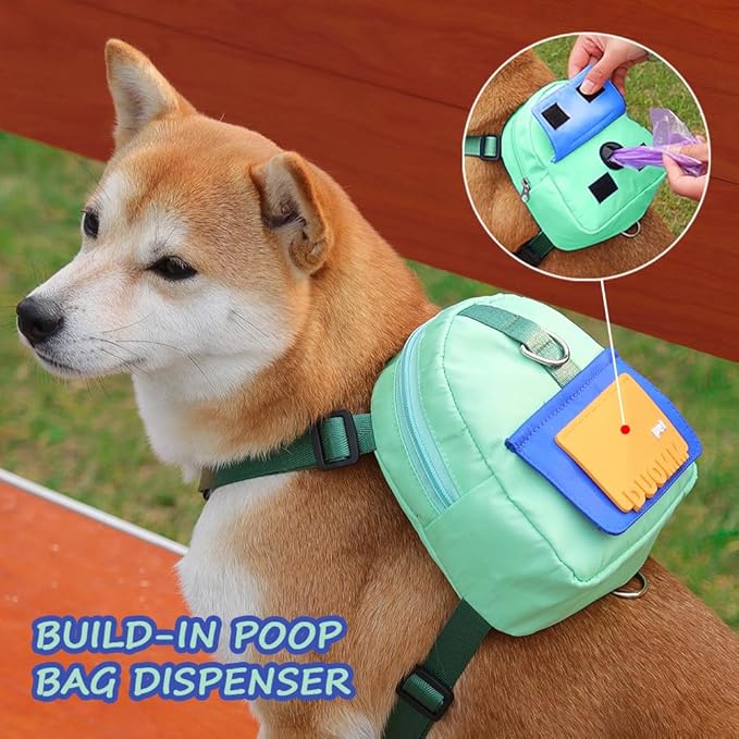 Dog Backpack Harness with Leash,Cute Pet Puppy Backpacks Bulid-in Dog Poop Bag Dispenser,Adjustable Pets Self Carrier Bag for Small Medium Dogs Travel Hiking Daily Walking(S, Green)