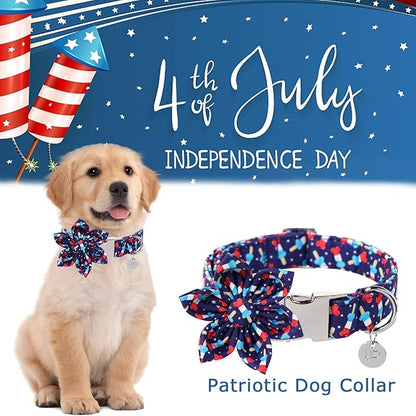 American Flag Dog Collar with Flower 4th of 13.5-22in