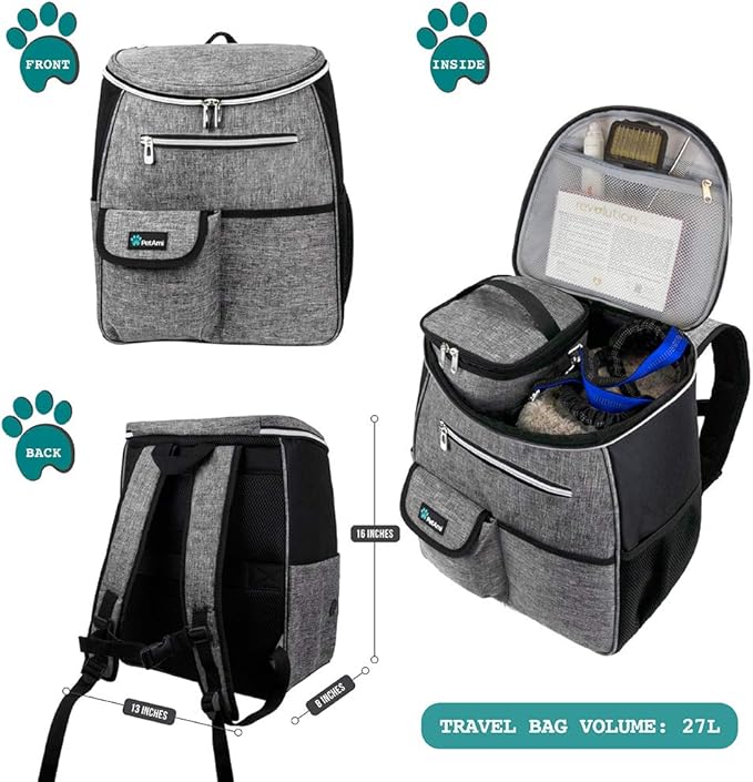 PetAmi Dog Travel Bag Backpack, Airline Approved Dog Bags for Traveling, Puppy Diaper Bag Supplies, Pet Camping Essentials Hiking Accessories Dog Mom Gift, Food Container, Collapsible Bowls, Gray