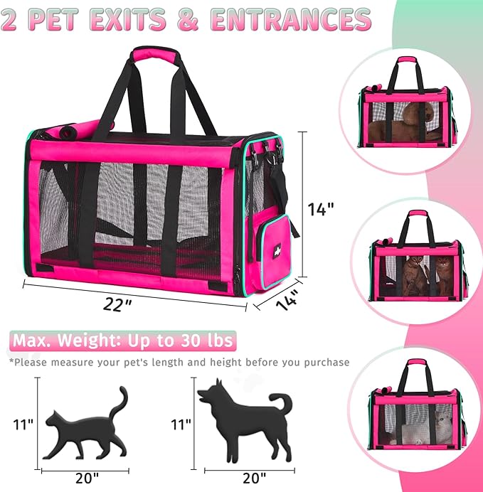 Pet Carrier, Collapsible Large Cat Carrier for 2 Cats, Soft Top Load Cat Carrier Bag for Small Medium Large Cat & Dog Under 30 lbs, Cat Travel Carrier Bag with Safety Lock Zipper, Pink