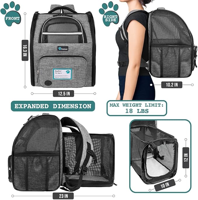 PetAmi Dog Cat Backpack Carrier, Expandable Pet Carrier Backpack for Travel Hiking, Small Medium Dog Puppy Large Cat Carrying Backpack, Airline Approved Ventilate Soft Back Support, 18 lbs, Light Gray