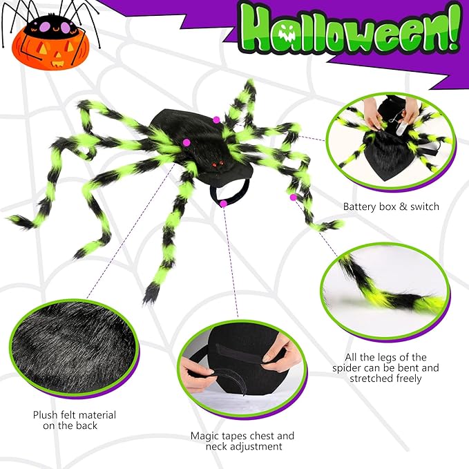 Dog Halloween Costumes, Furry Dog Spider Costume with 64 LED, Giant Spider Halloween Costume for Medium Large Dogs, Funny Dog Halloween Costumes for Cat Pet Halloween Party Cosplay (Green)