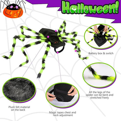 Dog Halloween Costumes, Furry Dog Spider Costume with 64 LED, Giant Spider Halloween Costume for Medium Large Dogs, Funny Dog Halloween Costumes for Cat Pet Halloween Party Cosplay (Green)